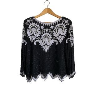 Gunit silk beaded blouse vintage black short sleeve dressy silk. Size Large.